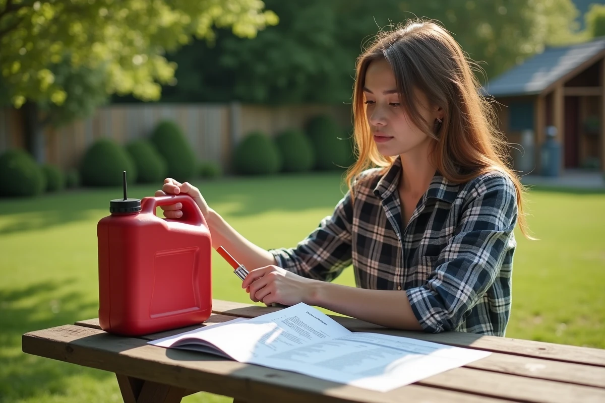 Jeune femme remplissant un petit réservoir d essence dans le jardin