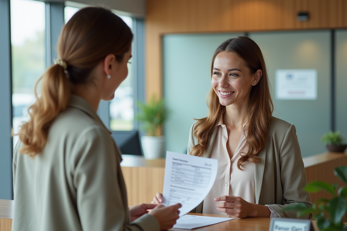 Jeune femme discutant avec un agent au guichet de la mairie