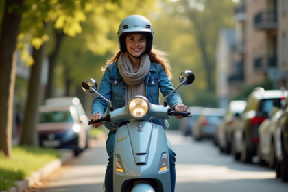 Jeune femme en scooter dans une rue tranquille