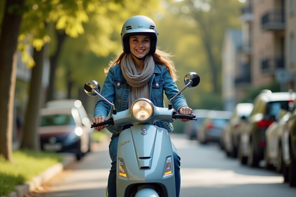 Jeune femme en scooter dans une rue tranquille