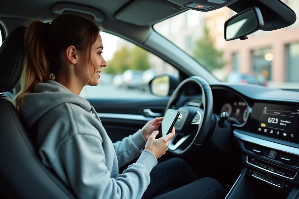 Jeune femme regardant son smartphone pour le code radio