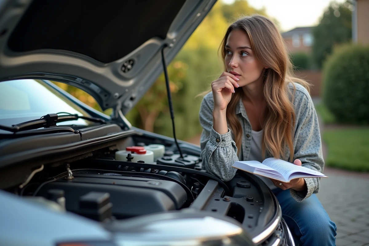 Jeune femme inspectant la courroie de distribution dans son allée