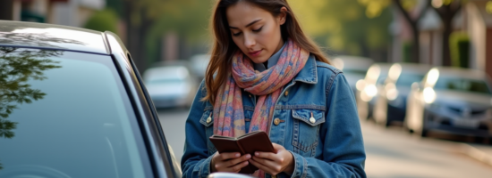 Jeune femme regardant son portefeuille près de sa voiture