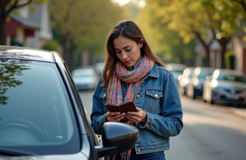 Jeune femme regardant son portefeuille près de sa voiture