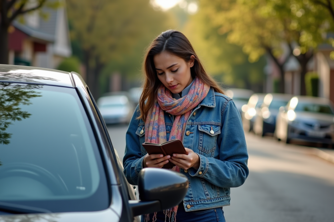 Jeune femme regardant son portefeuille près de sa voiture