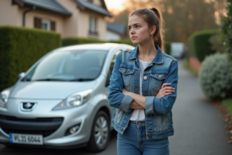 Jeune femme en denim près d'une voiture dans une rue résidentielle