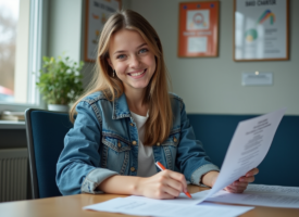 Jeune femme souriante remplissant un formulaire dans une auto école