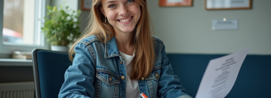 Jeune femme souriante remplissant un formulaire dans une auto école