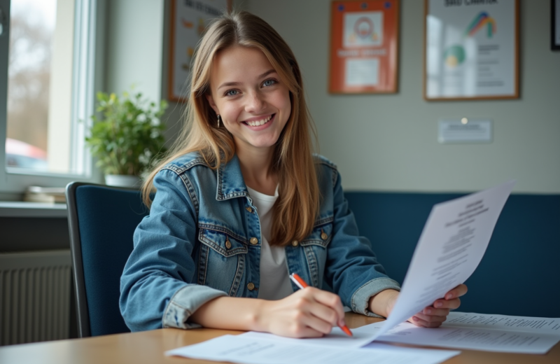 Jeune femme souriante remplissant un formulaire dans une auto école