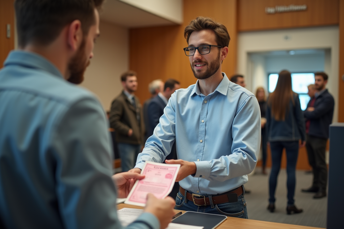 Jeune homme remettant son ancien permis de conduire à un agent