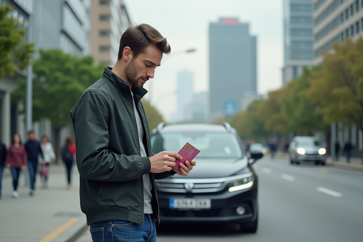 Jeune homme regardant son permis de conduire ancien