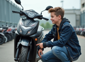 Jeune garçon examinant une moto 50cc en concession urbaine