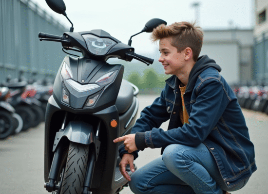 Jeune garçon examinant une moto 50cc en concession urbaine