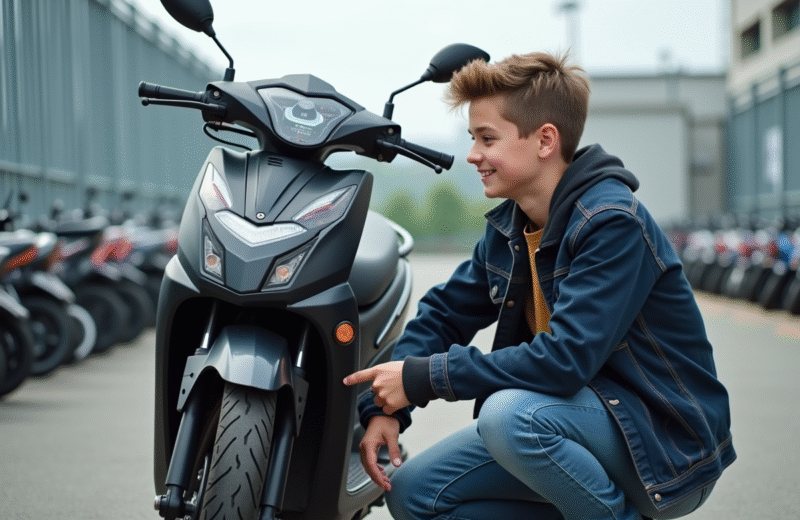 Jeune garçon examinant une moto 50cc en concession urbaine