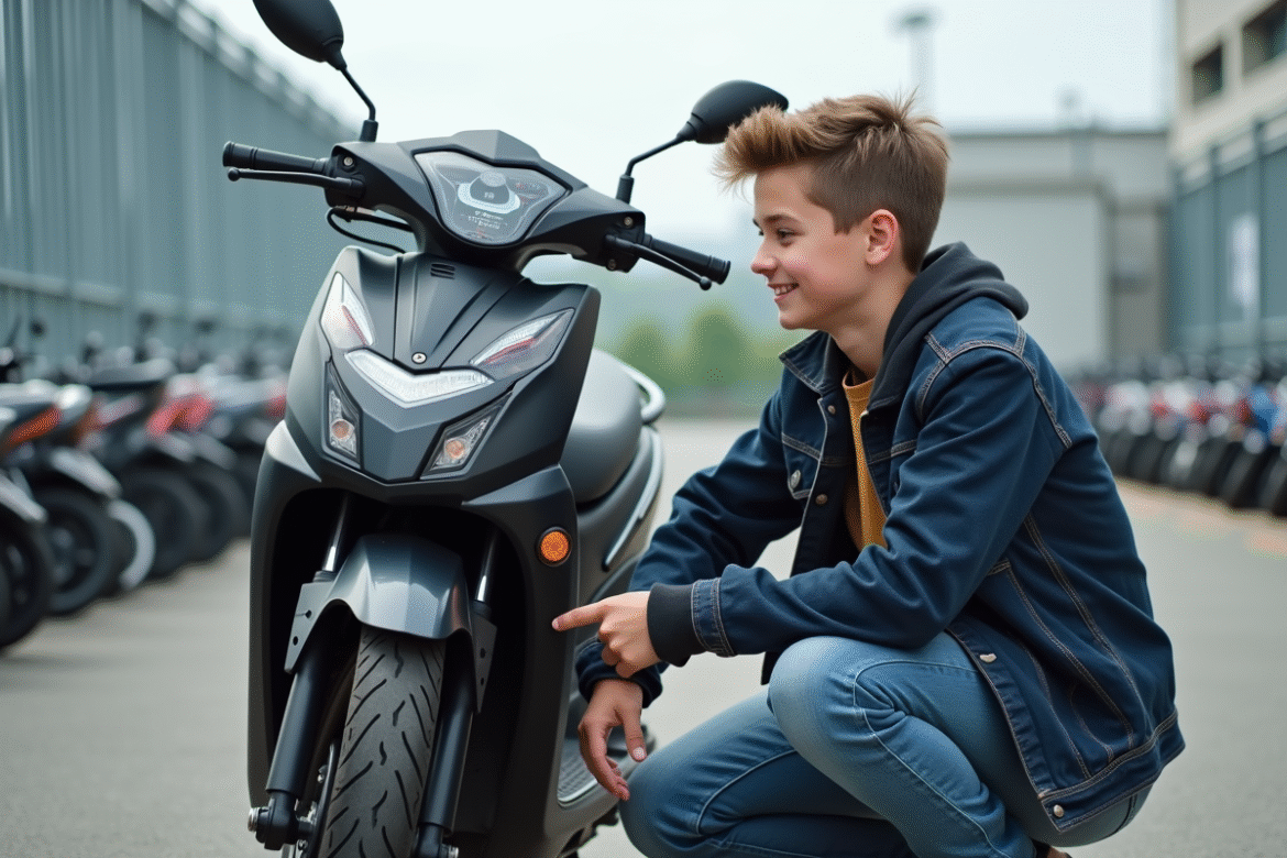 Jeune garçon examinant une moto 50cc en concession urbaine