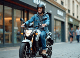 Jeune homme souriant sur une moto Dax 50cc devant un concessionnaire