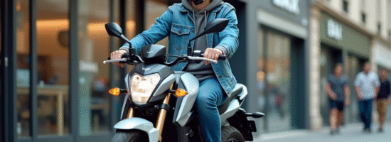 Jeune homme souriant sur une moto Dax 50cc devant un concessionnaire