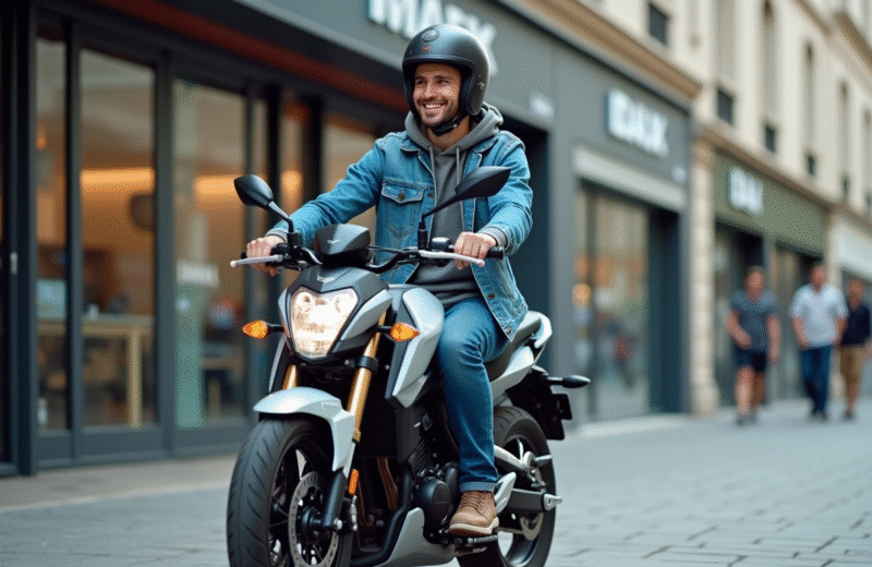 Jeune homme souriant sur une moto Dax 50cc devant un concessionnaire