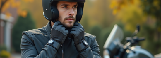 Jeune homme ajustant son casque moto en extérieur