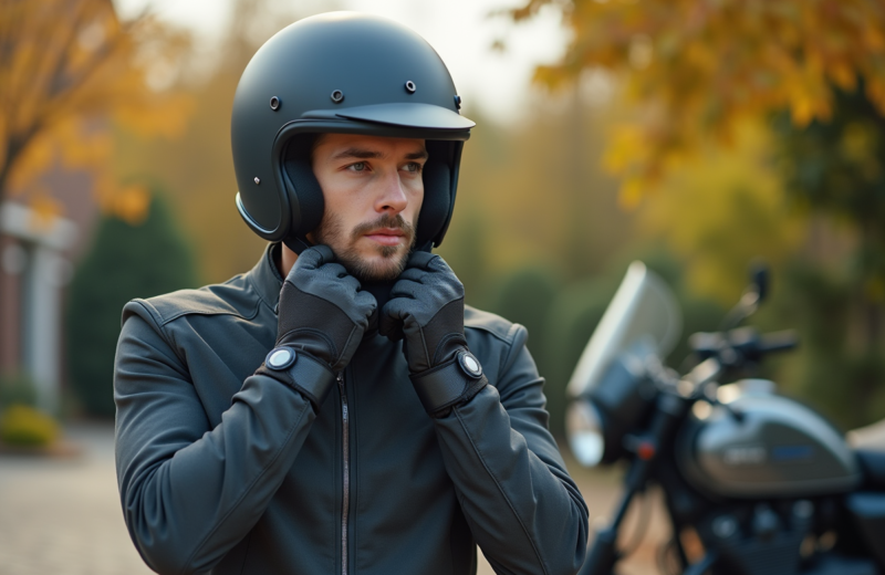 Jeune homme ajustant son casque moto en extérieur