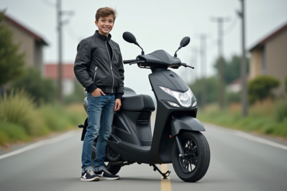 Jeune garçon souriant avec scooter 50cc en ville