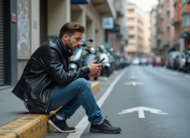 Jeune homme frustré avec smartphone près d'une moto en ville