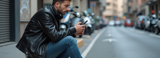Jeune homme frustré avec smartphone près d'une moto en ville