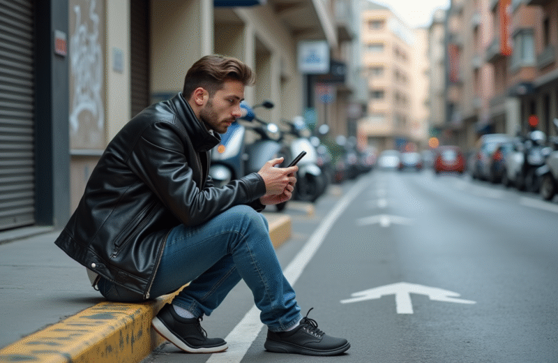 Jeune homme frustré avec smartphone près d'une moto en ville