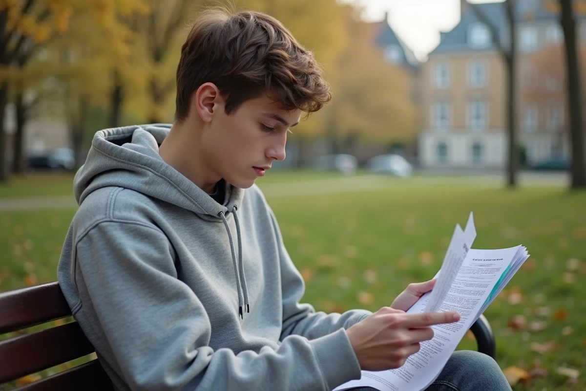 Jeune homme en hoodie révise dans un parc en plein air