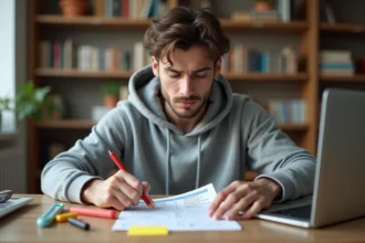 Jeune homme révisant un PDF de vérification de permis de conduire à son bureau à domicile
