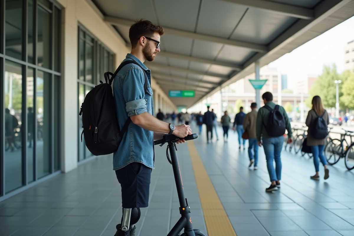 Jeune homme avec prothese scannant un ticket pour un escooter