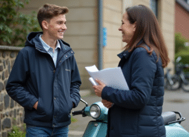 Jeune garçon souriant avec scooter et documents