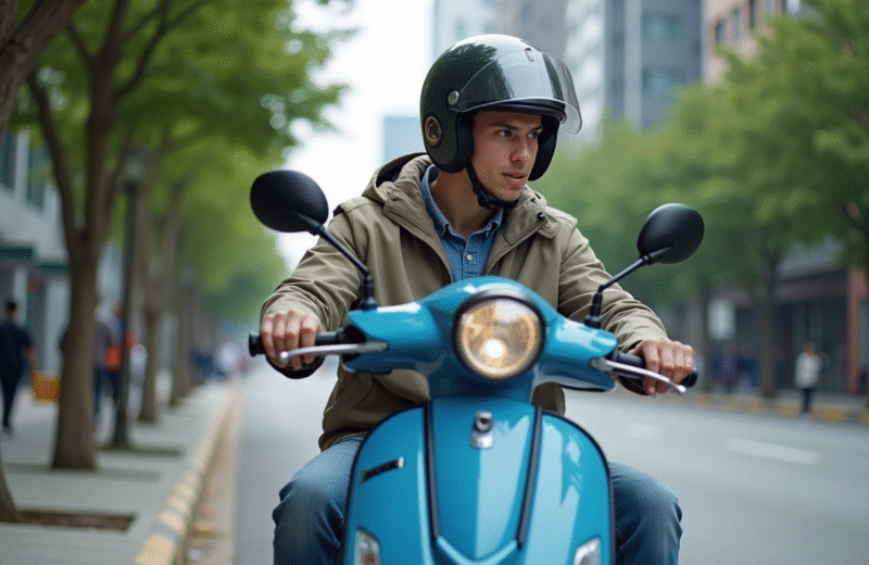 Jeune homme en scooter dans une rue urbaine