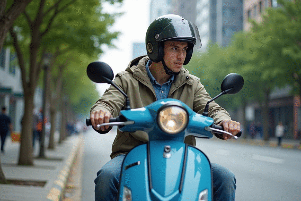 Jeune homme en scooter dans une rue urbaine