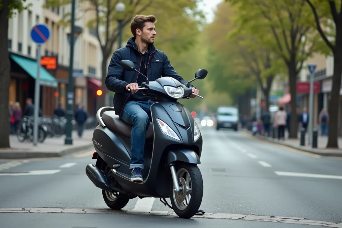 Jeune homme en scooter en ville pour l'article