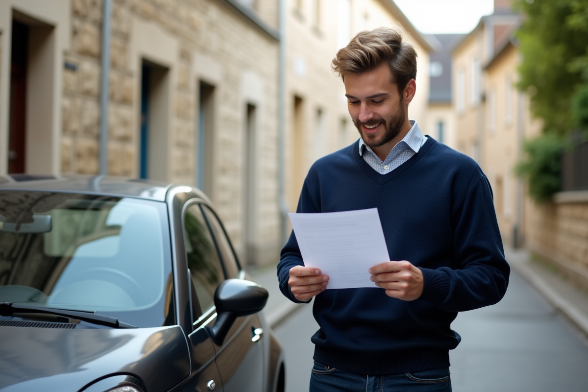 Jeune homme avec voiture et document d