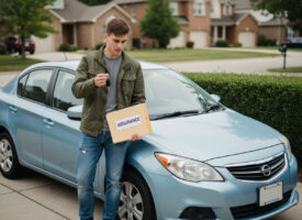 Jeune homme avec clés et assurance près d'une voiture