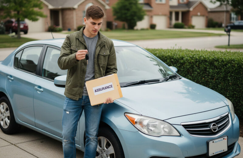 Jeune homme avec clés et assurance près d'une voiture