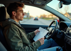 Jeune homme dans une voiture avec document provisoire