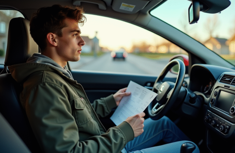 Jeune homme dans une voiture avec document provisoire