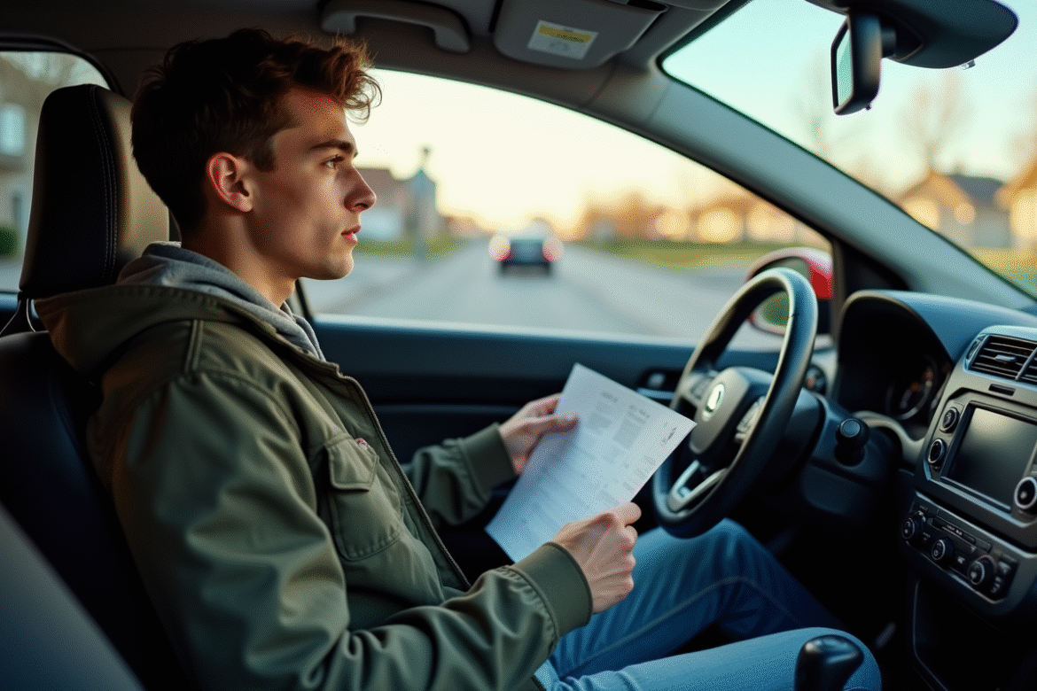 Jeune homme dans une voiture avec document provisoire