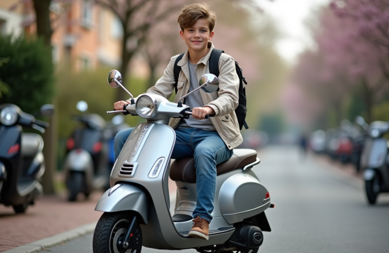 Jeune garçon sur scooter moderne dans un quartier résidentiel