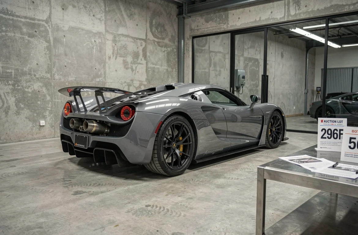 Koenigsegg Agera dans le garage d'un collectionneur privé avec des documents d'estimation pour une vente aux enchères