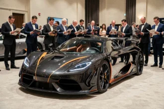 Koenigsegg Agera R exposée lors d'une vente aux enchères de voitures de prestige avec des acheteurs en arrière-plan