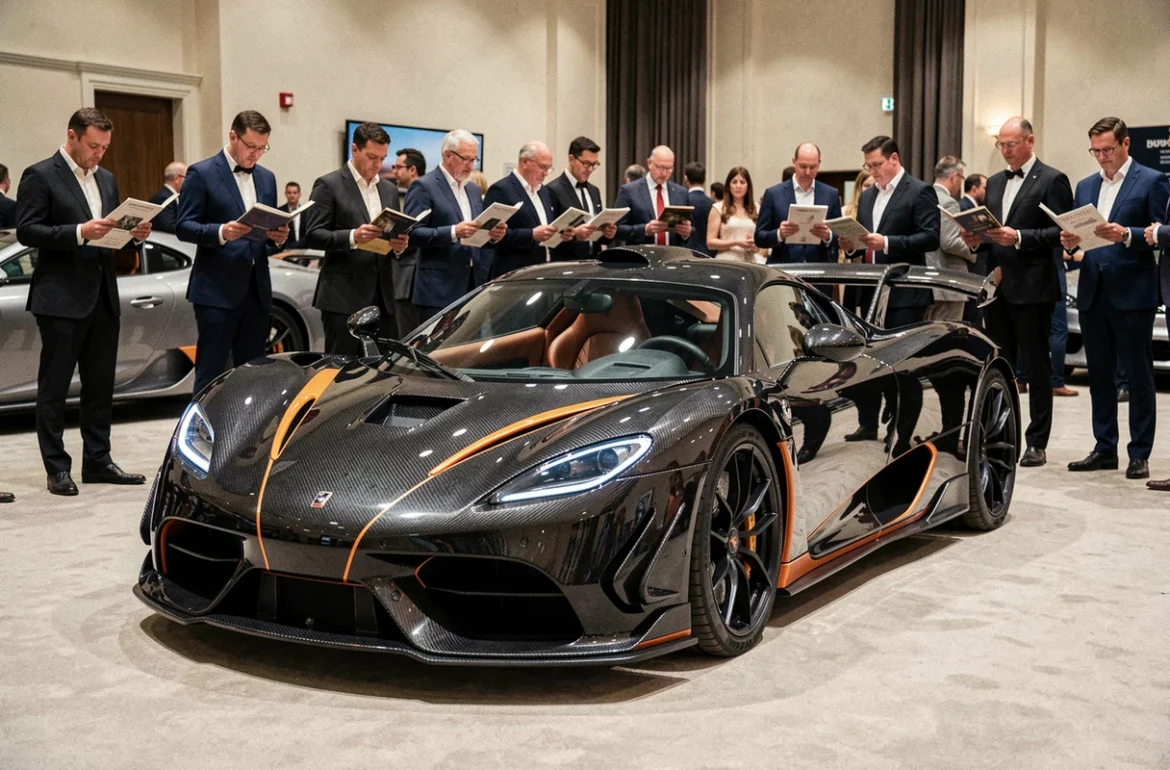 Koenigsegg Agera R exposée lors d'une vente aux enchères de voitures de prestige avec des acheteurs en arrière-plan