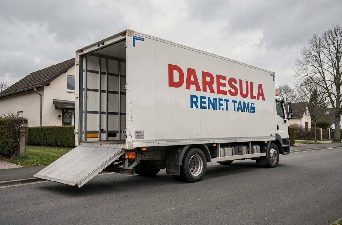 Camion de déménagement 20m3 avec hayon hydraulique abaissé devant une maison résidentielle