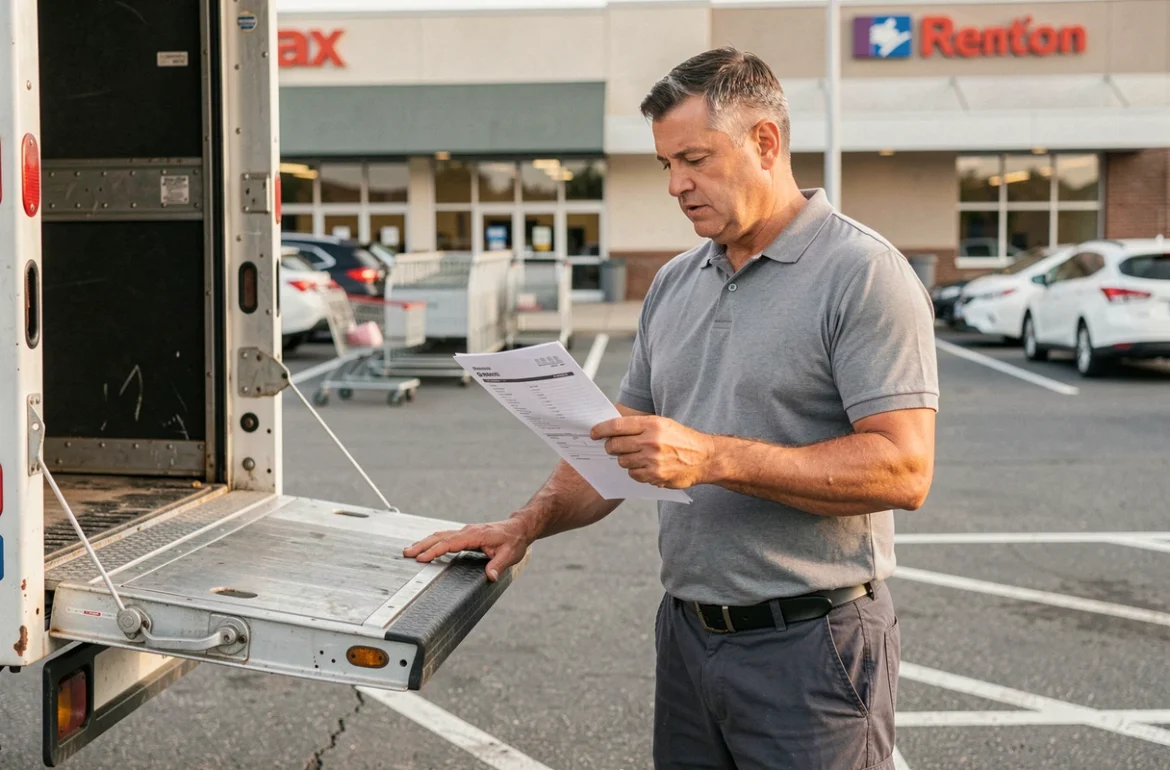 Homme consultant un contrat de location de camion 20m3 avec hayon dans un parking de grande surface