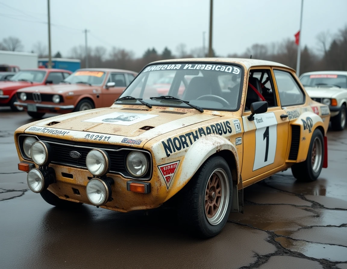 Lot de voitures de rallye d'occasion à vendre avec étiquettes de prix, incluant un modèle historique avec arceau de sécurité visible