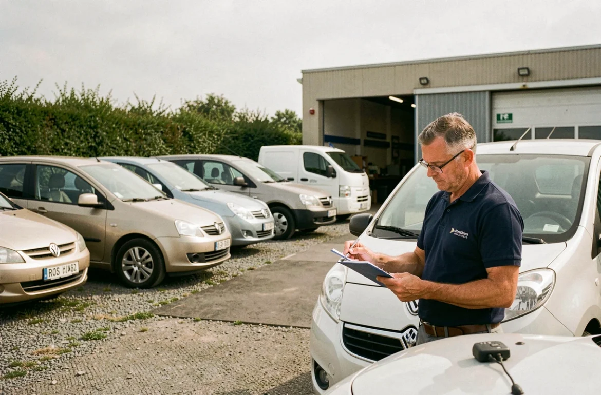 Site de Mary Automobiles Oise avec véhicules d'occasion exposés en plein air et un vendeur inspectant un modèle