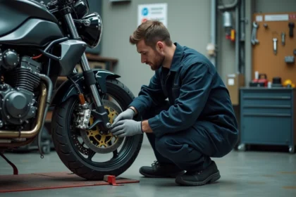 Mécanicien professionnel effectuant un contrôle technique sur une moto dans un garage d'inspection officiel